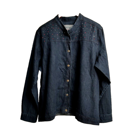 krazy kat Jackets & Blazers - Krazy Kat Women's Blue Denim Jacket long sleeve sequins on shoulders Size XL